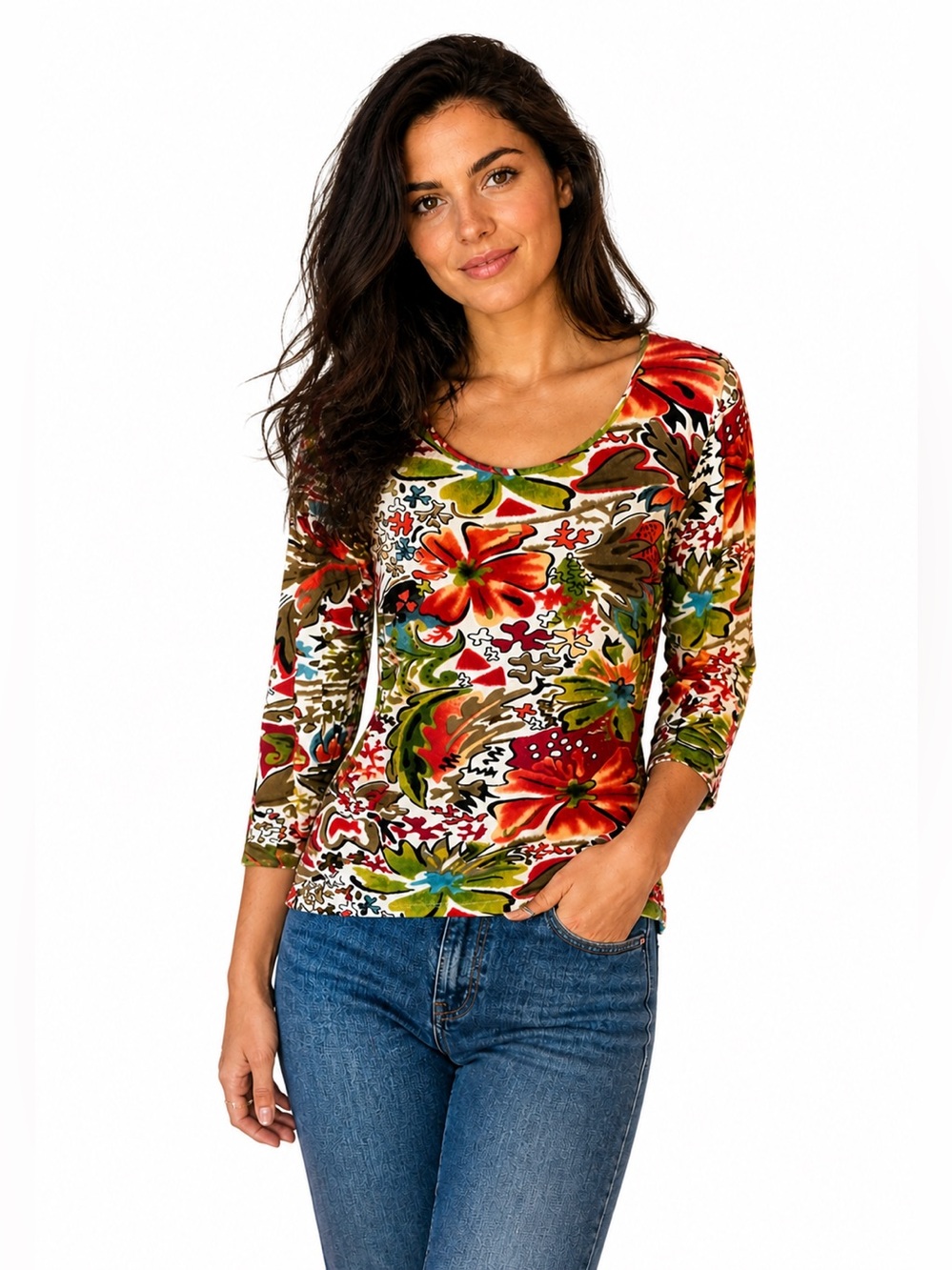 Vintage 90s Tantrums Floral Top Boho Hippie  Stretch Knit 3/4 Sleeve Shirt